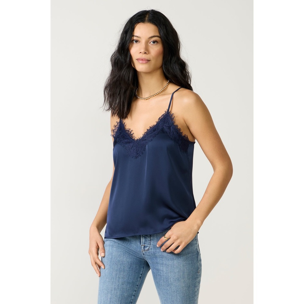 Primark Women's Size 10-12 Camisole Tank Top V-Neck Eyelash Lace Navy Blue Silk